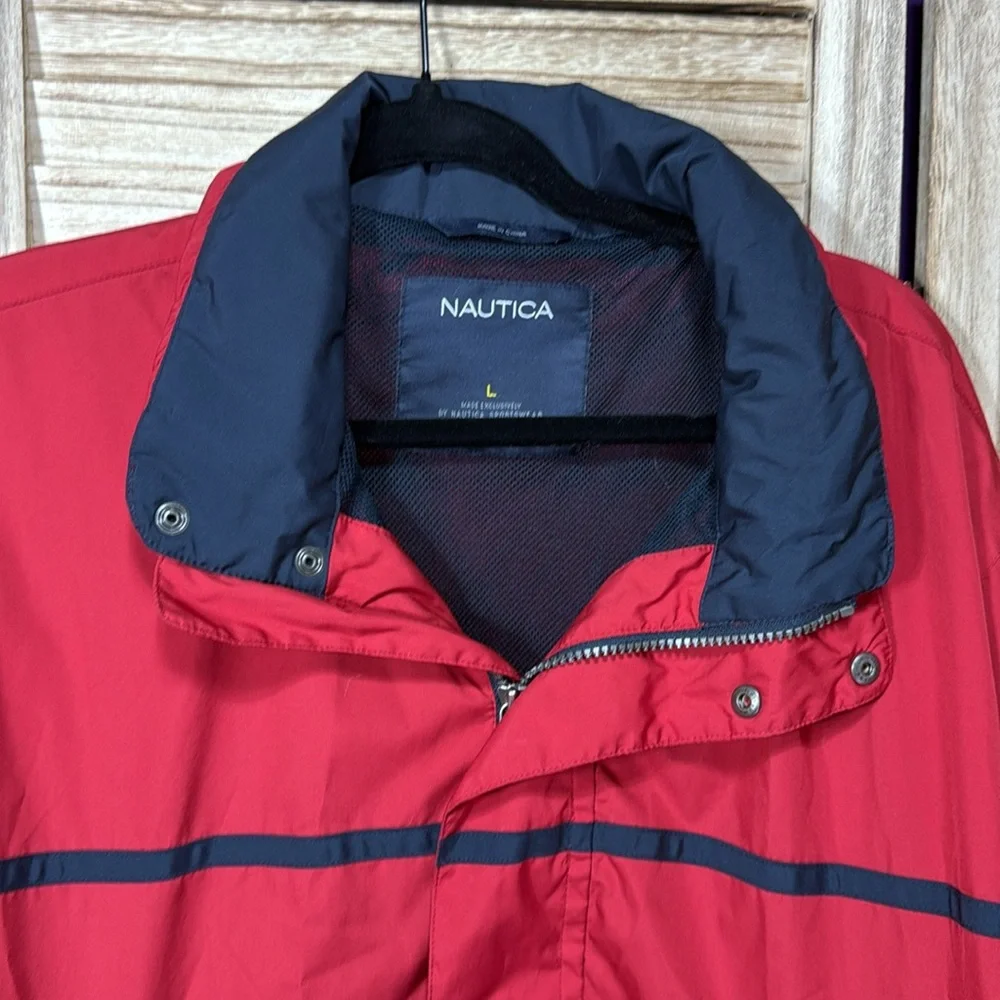 Nautica Men's Red Windbreaker Hood Attached Jacket Size L